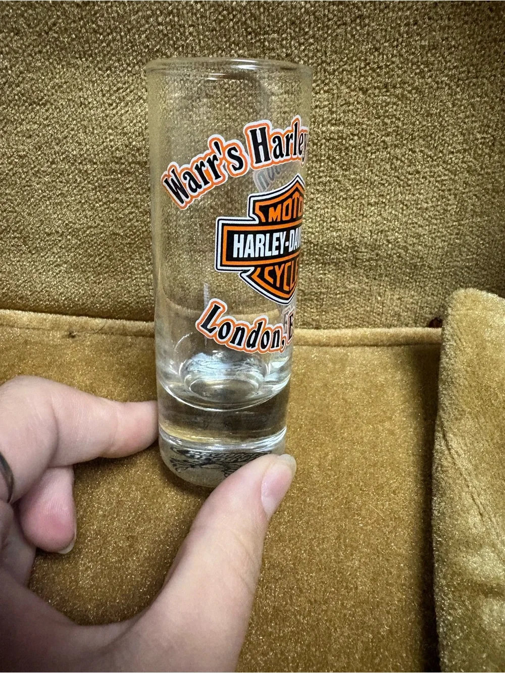 Harley-Davidson Clear Shot Glass with Orange and Black Logo